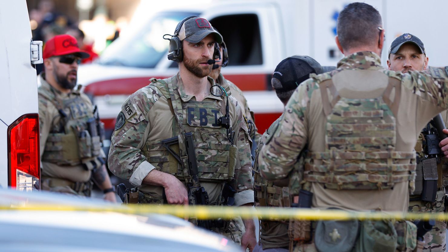 KANSAS CITY, MISSOURI - FEBRUARY 14: Law enforcement respond to a shooting at Union Station during the Kansas City Chiefs Super Bowl LVIII victory parade on February 14, 2024 in Kansas City, Missouri. Several people were shot and two people were detained after a rally celebrating the Chiefs Super Bowl victory. (Photo by David Eulitt/Getty Images)