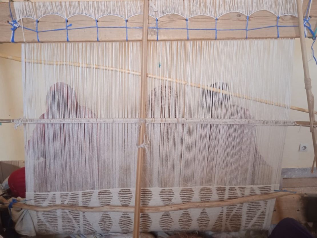 A photograph of traditional weaving, provided by the artist. Agueznay commissioned artisans to create textiles before she customized them with her own hands.