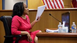 ATLANTA, GA - FEBRUARY 15: Fulton County District Attorney Fani Willis testifies during a hearing in the case of the State of Georgia v. Donald John Trump at the Fulton County Courthouse on February 15, 2024 in Atlanta, Georgia. Judge Scott McAfee is hearing testimony as to whether Willis and Special Prosecutor Nathan Wade should be disqualified from the case for allegedly lying about a personal relationship. (Photo by Alyssa Pointer-Pool/Getty Images)