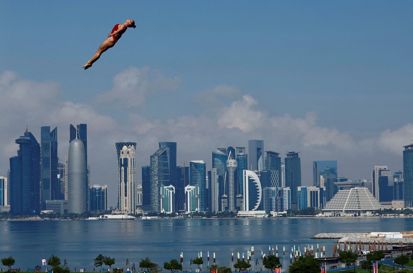 Danish high diver Annika Bornebusch trains in Doha, Qatar, before competing at the World Aquatics Championships on Wednesday, February 14.