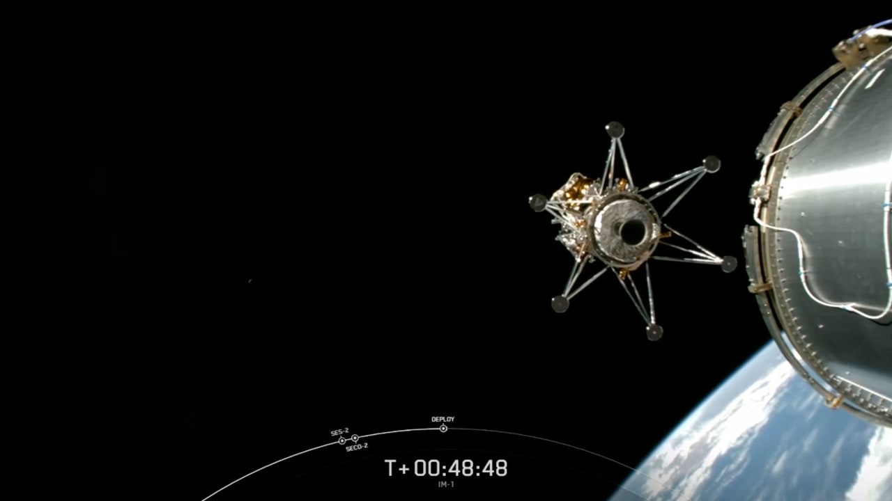 This image from video provided by SpaceX via NASA TV shows Intuitive Machines' lunar lander separating from the rocket's upper stage and heading toward the moon, on Feb. 15, 2024. (SpaceX -NASA TV via AP)