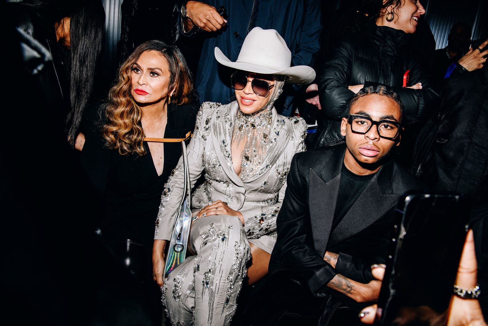 Singer Beyoncé, center, makes a <a href="index.php?page=&url=https%3A%2F%2Fwww.cnn.com%2F2024%2F02%2F13%2Fstyle%2Fnyfw-fall-2024-celebrity-fashion%2Findex.html" target="_blank">surprise appearance at a Luar fashion show</a> in New York with her mother, Tina Knowles, on Tuesday, February 13.