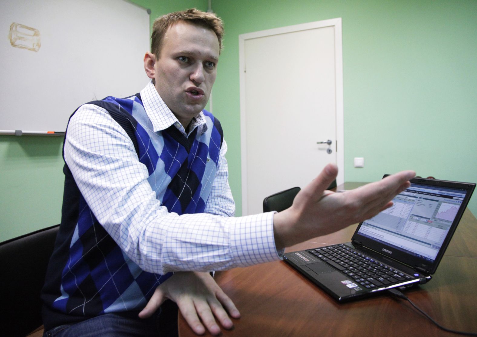 Navalny speaks in his office in Moscow in 2009. He used his blog and social media to expose alleged corruption in the Kremlin and Russian business.