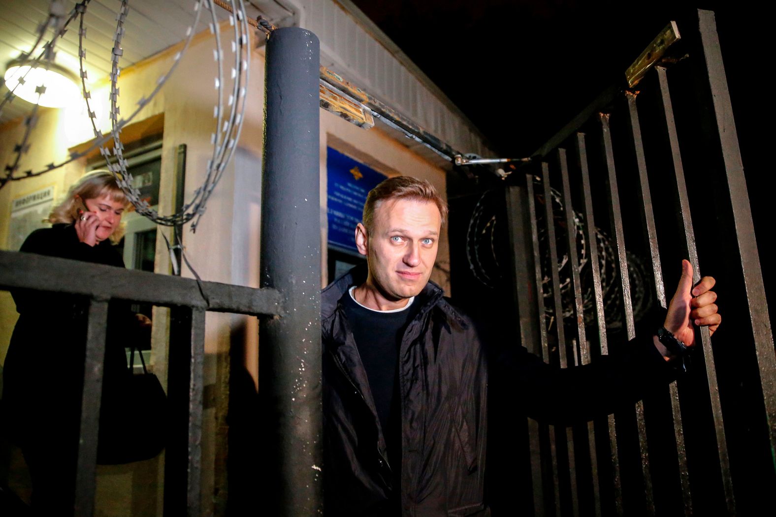 Navalny leaves a police station in Moscow in September 2017. He was detained earlier in the day ahead of a rally, and he was to face a court hearing in Moscow over repeatedly violating a law on organizing public meetings.