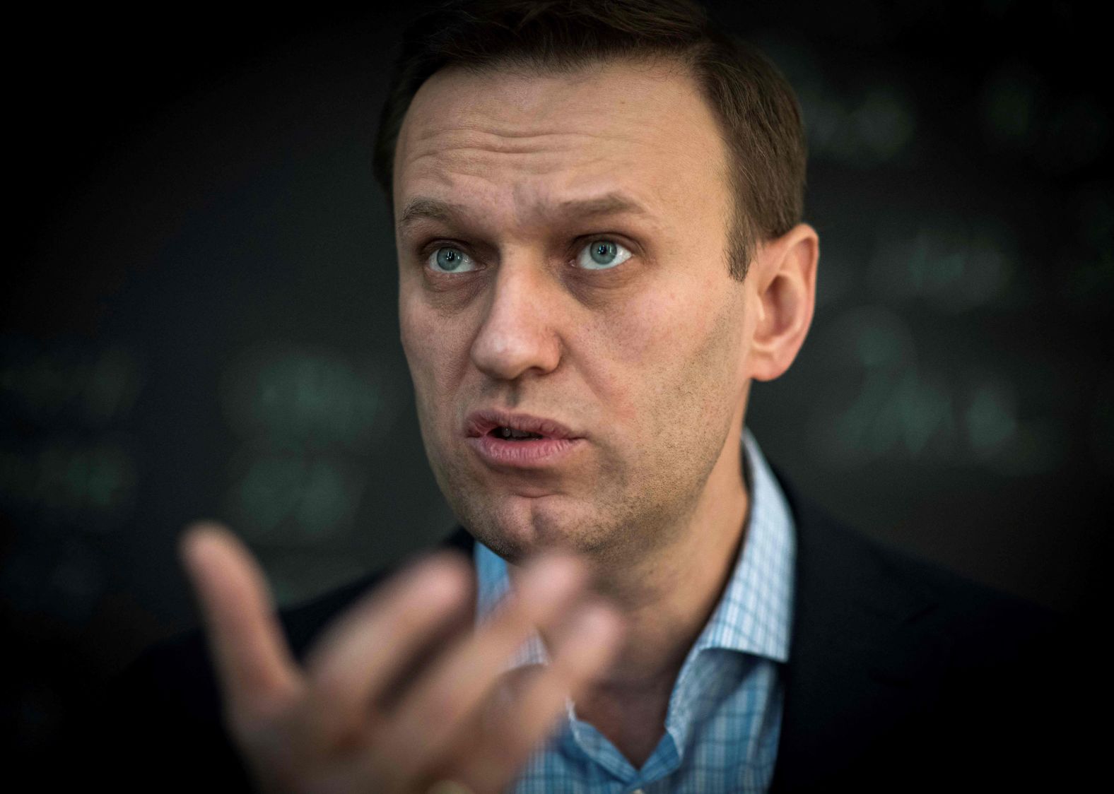 From an office in Moscow, Navalny speaks during an interview with the news organization Agence France-Presse in January 2018. A Moscow court had ordered the closure of his Anti-Corruption Foundation. The foundation's lawyers were appealing.