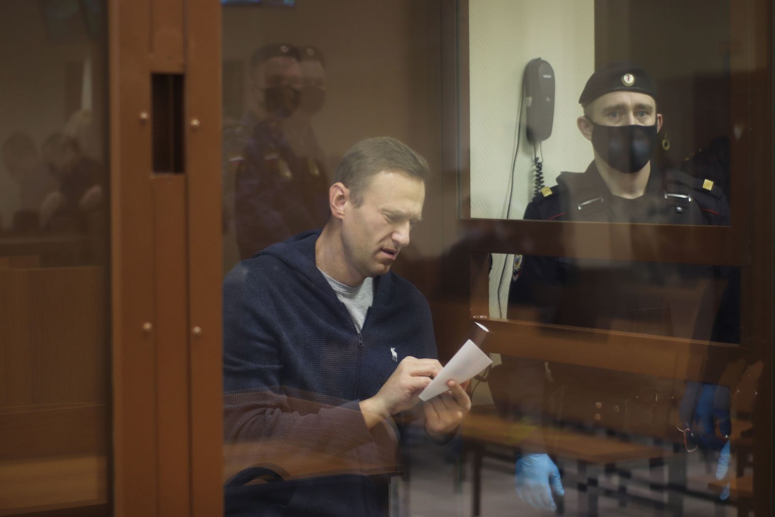 Navalny appears in court for a hearing in Moscow in February 2021.