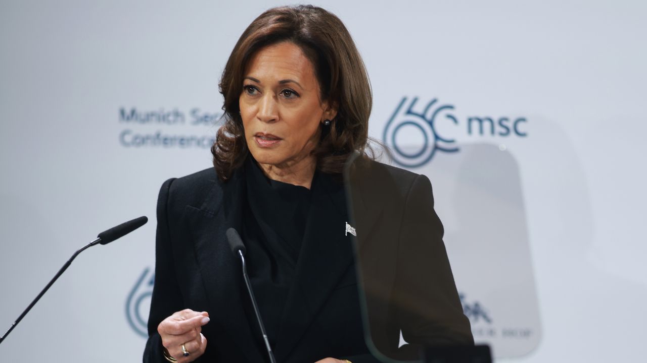 MUNICH, GERMANY - FEBRUARY 16:  US Vice President Kamala Harris speaks on stage at the 2024 Munich Security Conference on February 16, 2024 in Munich, Germany. The conference is bringing together political and defence leaders from all over the world. It is taking place as Russia's war in Ukraine will soon enter its third year and the conflict in Gaza continues to grind on. (Photo by Johannes Simon/Getty Images)
