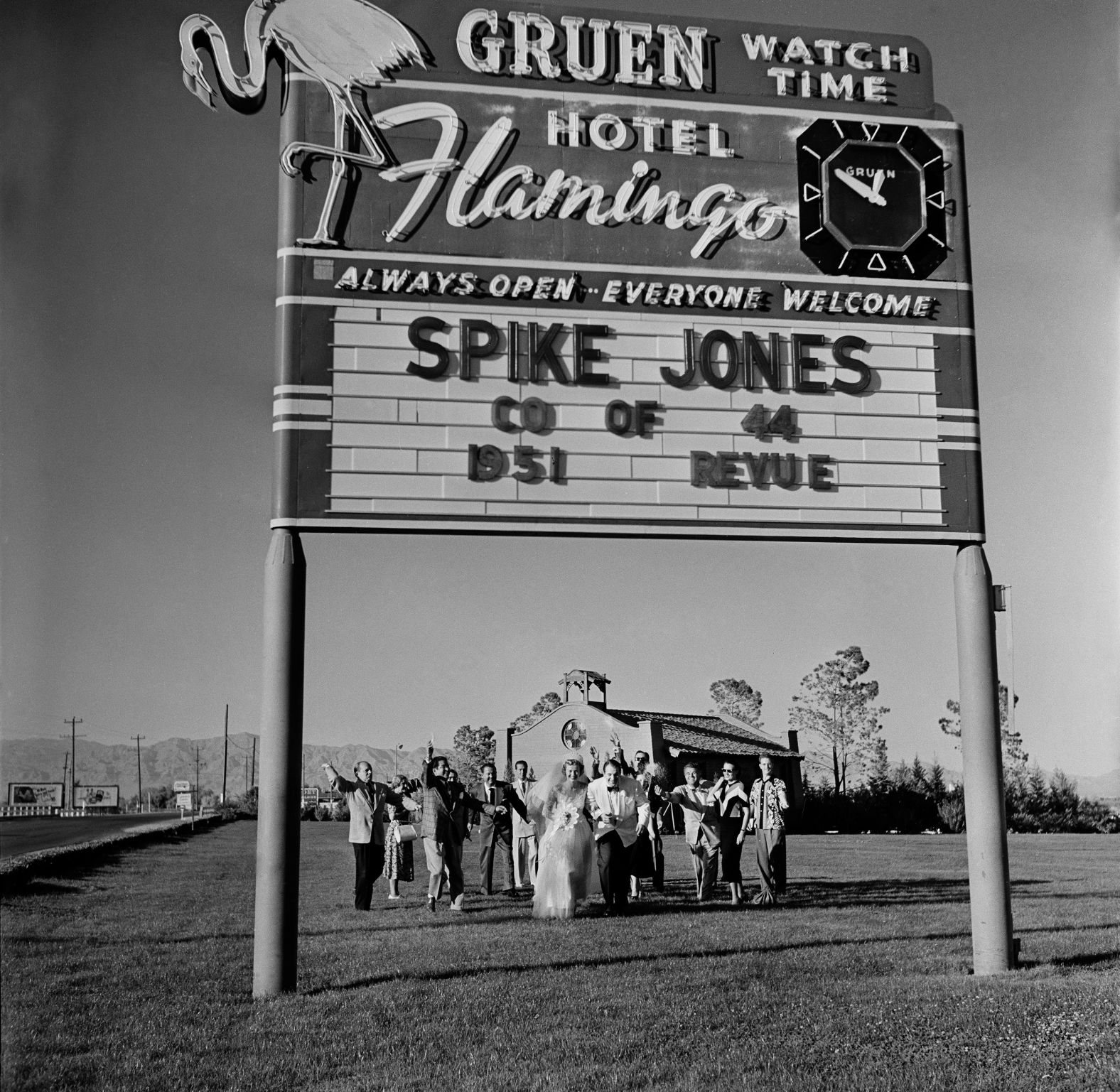 Newlyweds William and Pat Rand run across the lawn to the Flamingo Hotel in 1950. Las Vegas became known as the "marriage capital of the world" due to the ease of obtaining a marriage license.