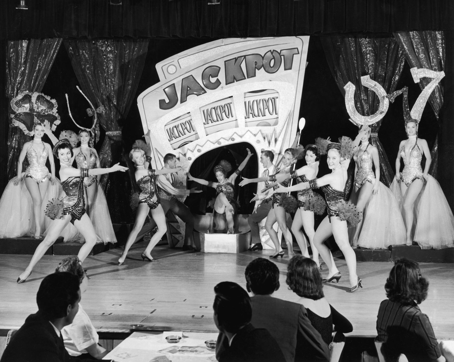Showgirls dance at a Las Vegas casino circa 1955.
