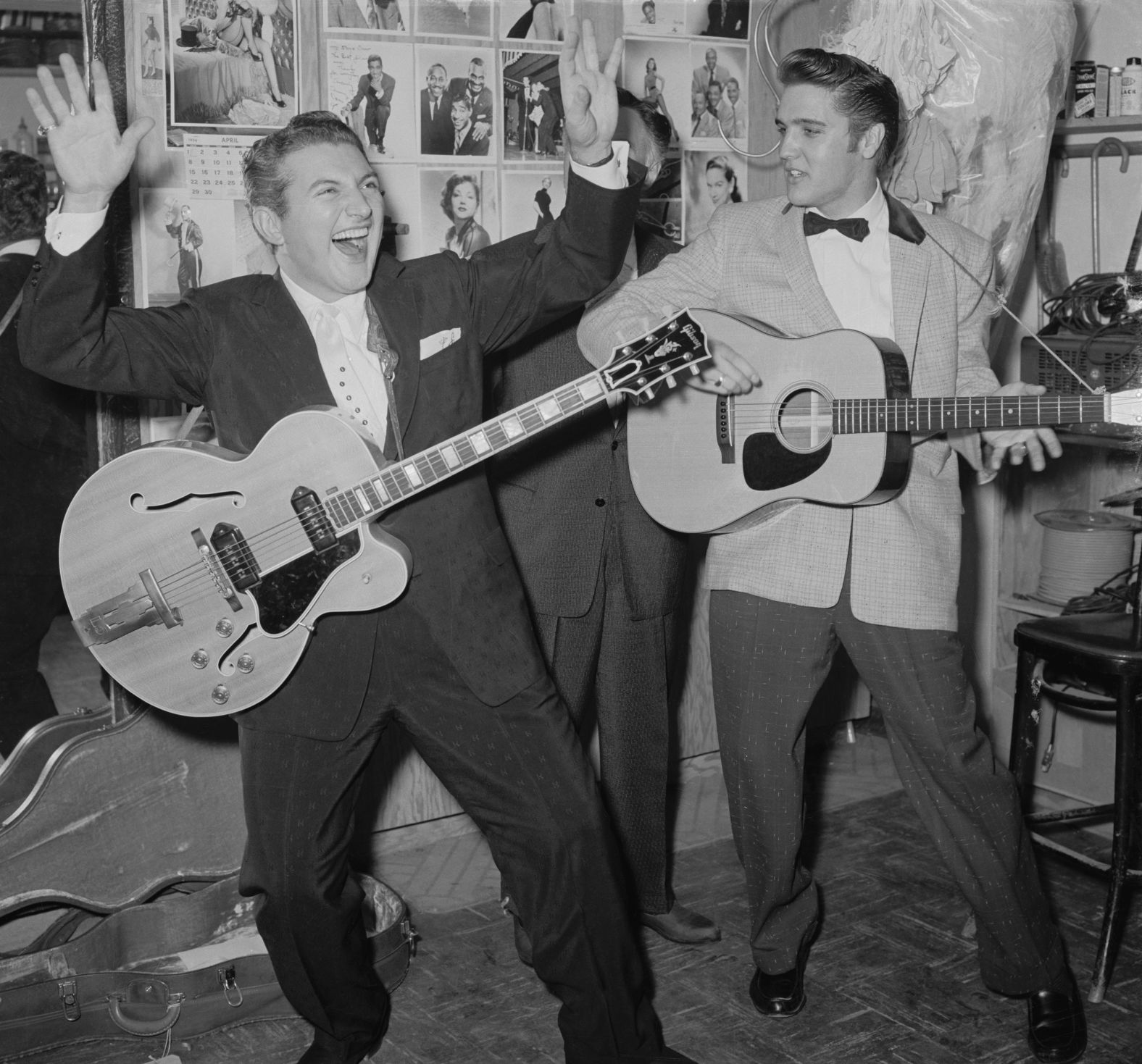 Liberace, left, and Elvis Presley cut loose during a Las Vegas jam session in 1956.