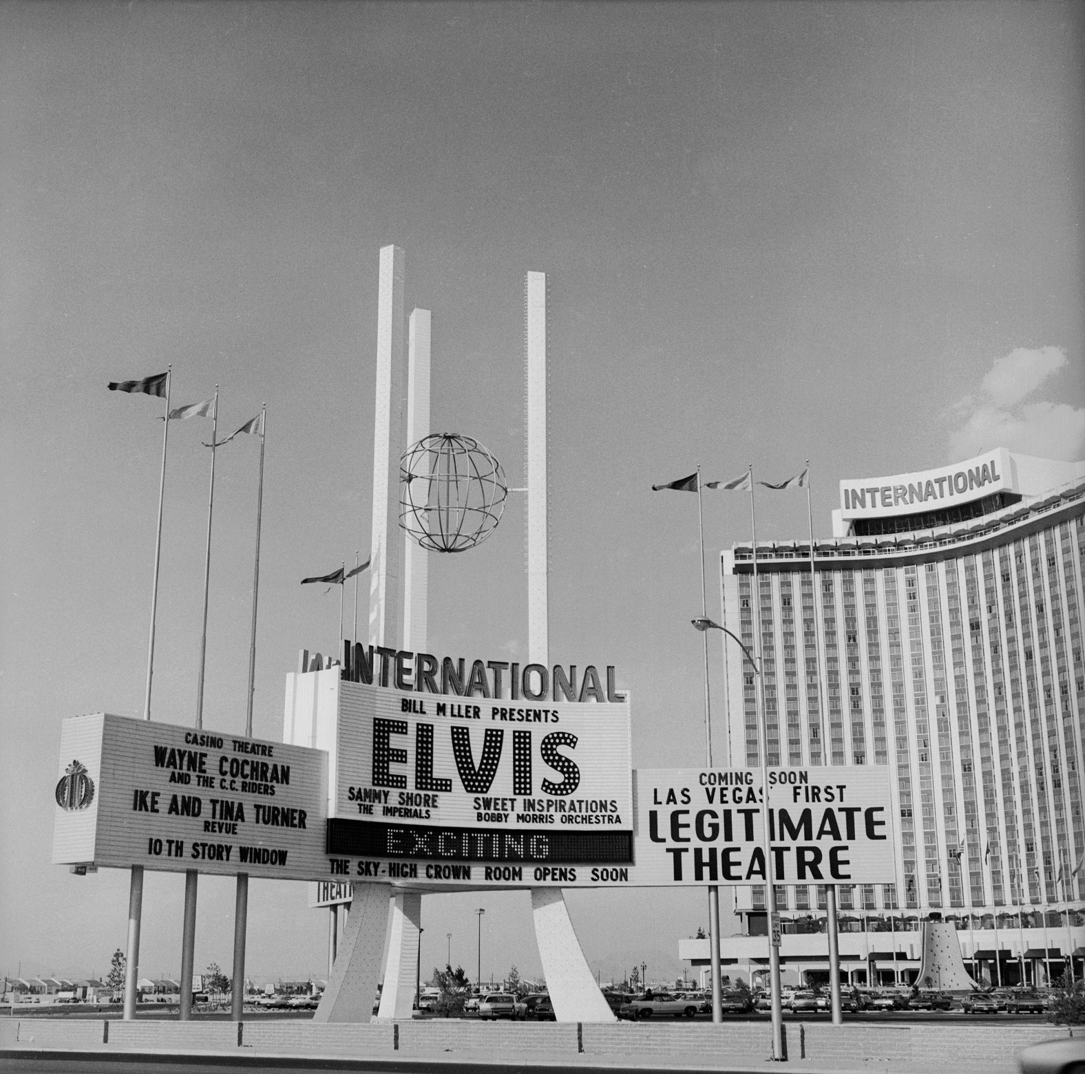 The International Hotel's marquee advertises Presley, its headline performer, in 1969. Presley performed 57 shows, usually two a day, at the new hotel that summer. When it opened, it was the largest hotel in the world.
