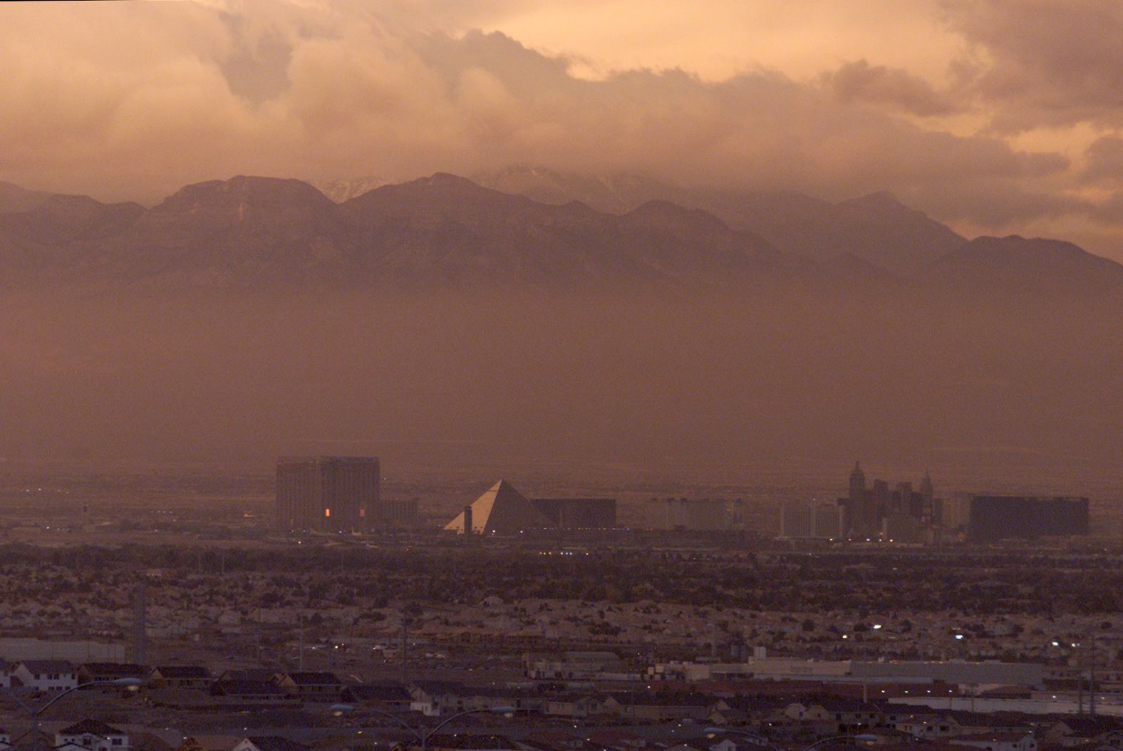 A layer of smog is visible over the Las Vegas Strip at dusk circa 2001.