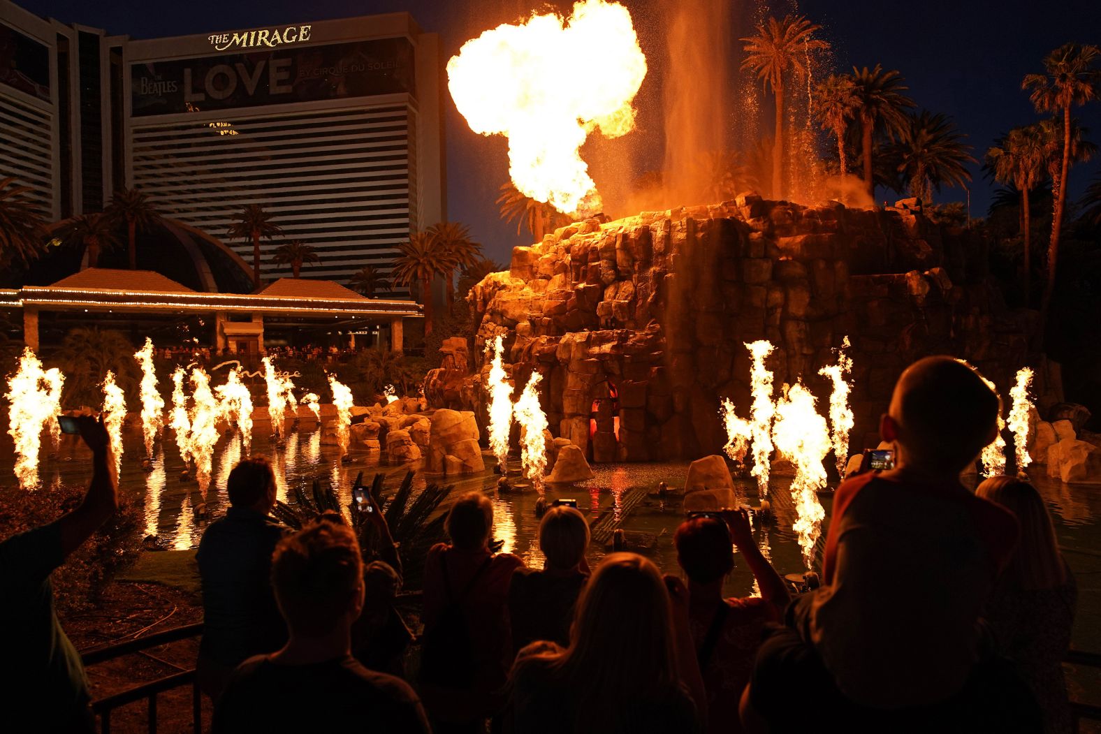 People watch the volcano show at The Mirage hotel in 2022.