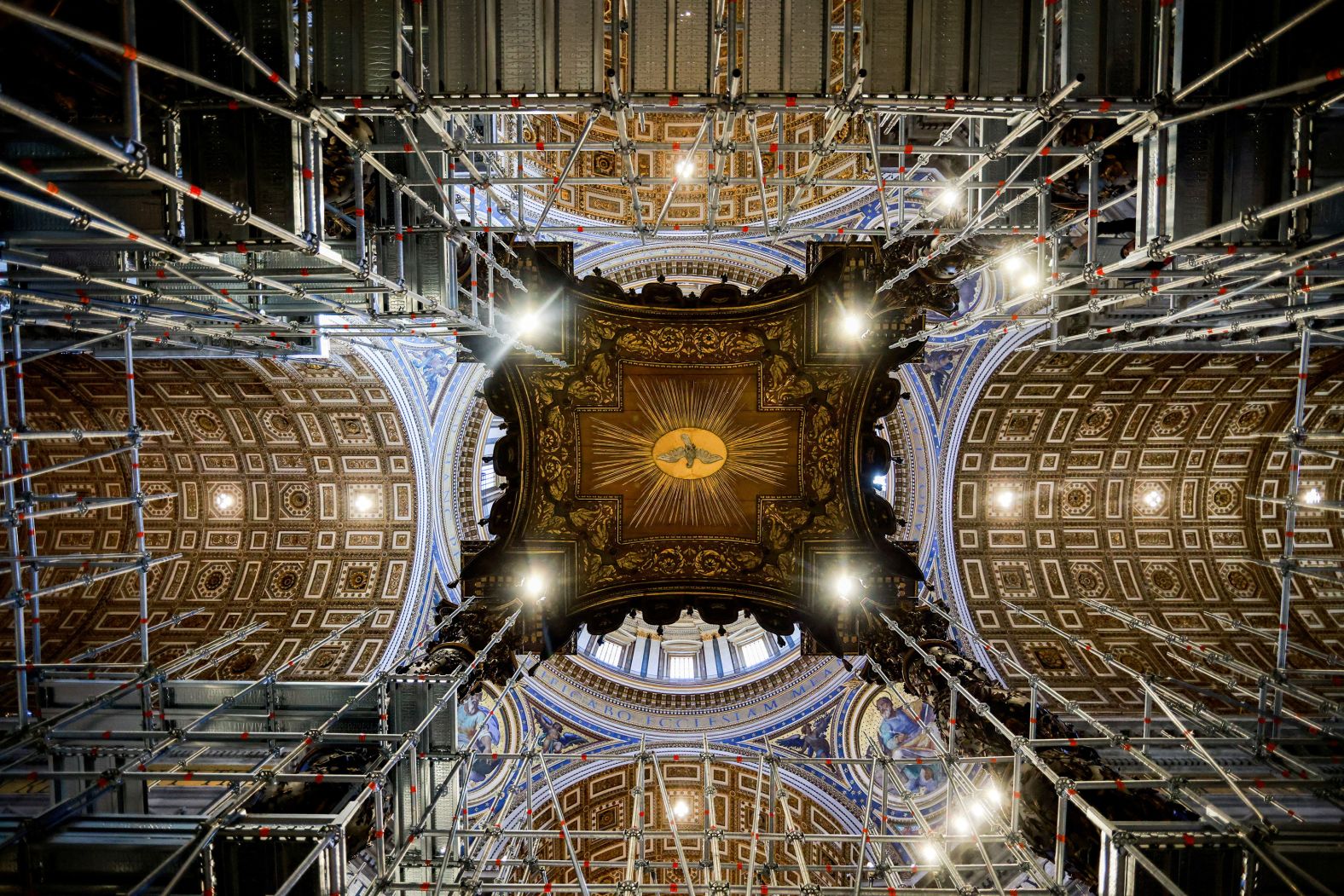 Scaffolding surrounds a baroque sculpted bronze canopy by Gian Lorenzo Bernini, over the high altar of St. Peter's Basilica, as preparations are made for its restoration at the Vatican on Wednesday, February 21.