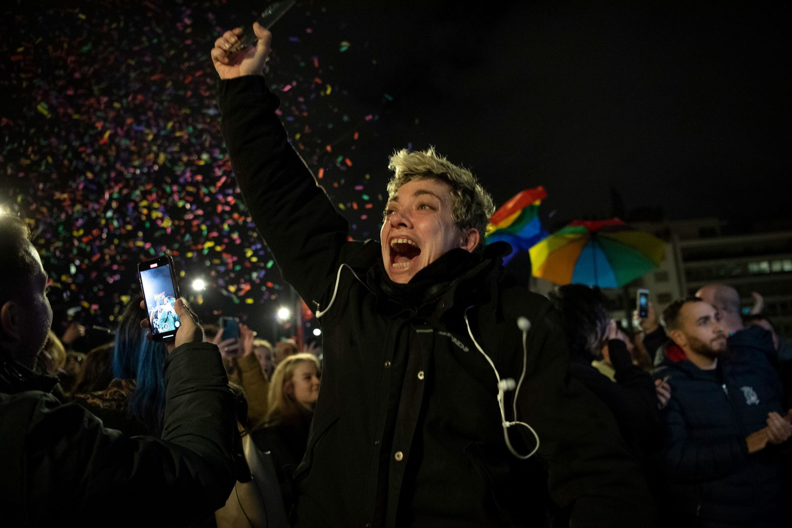 A supporter of Greece's same-sex marriage bill reacts at a rally in Athens after the Greek parliament <a href="index.php?page=&url=https%3A%2F%2Fwww.cnn.com%2F2024%2F02%2F15%2Feurope%2Fgreece-same-sex-marriage-legal-intl%2Findex.html" target="_blank">passed the bill</a> on Thursday, February 15. It is the first majority Orthodox Christian country to establish marriage equality for all.