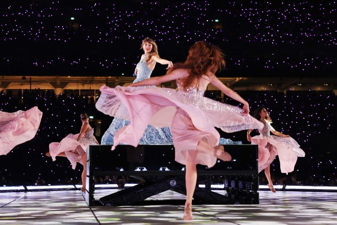 Swift and dancers perform during the "Speak Now" set in Sydney in February 2024.