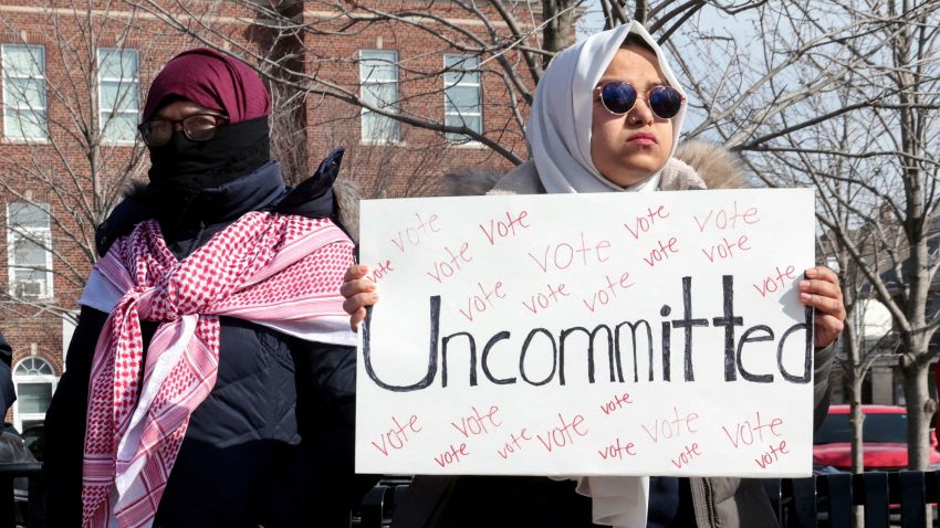 Supporters of the campaign to vote "Uncommitted" hold a rally in support of Palestinians in Gaza, ahead of Michigan's Democratic presidential primary election in Hamtramck, Michigan, on February 25, 2024.  