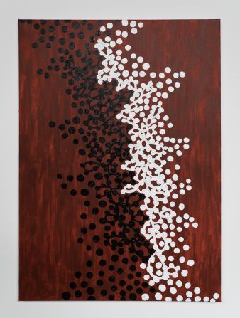 Participating artist Aislan Pankararu, whose "From the Ashes" artwork is shown here, was originally from the Pankararu indigenous territory in Northeast Brazil. He creates art as a means to pay homage to and celebrate his ancestry. <em>"Encouter of White Clay With Genipapo" (2023).</em>