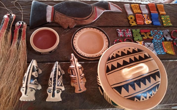 The exhibition, at the Truman Brewery in London, also featured items made by Indigenous artisans, including this wooden toucan, bowls and snakes from the Wauja community in Ulupuwene Village.