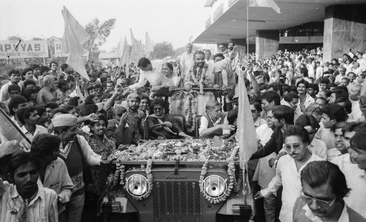 Narendra Modi, then BJP secretary is welcomed at Ahmedabad Railway Station by the party's followers on January 31, 1992.