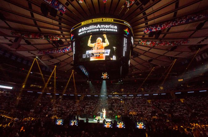 Once banned from the United States for his alleged role in Gujarat's 2002 communal violence, Modi was embraced by Washington once be became India's leader. He addressed a crowd at Madison Square Garden during his visit to the United States on September 28, 2014. 