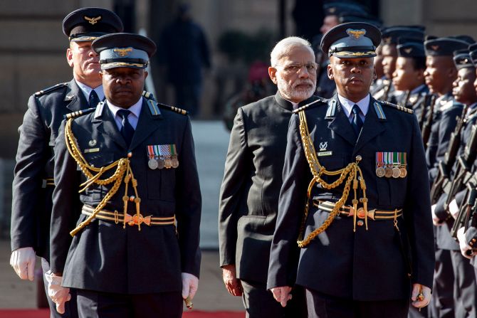 Modi pictured in Pretoria, South Africa, on July 8, 2016, during a visit aimed at boosting ties in a region where rival China has a strong presence. 