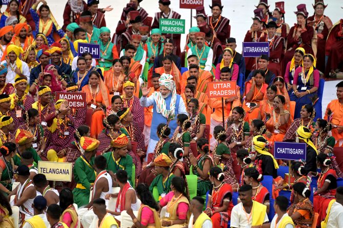 India's Prime Minister Narendra Modi after addressing the nation from the New Delhi's historic Red Fort to mark the country's 75th Independence Day on August 15, 2022. 