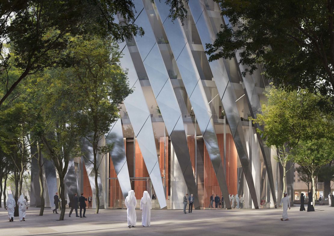 Aluminum fins, shown in this rendering, shield the interior of the towers from the sun.