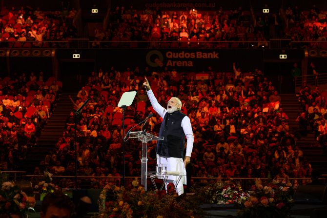 India's Prime Minister Narendra Modi speaking  during a rally in Sydney, Australia, on May 23, 2023.