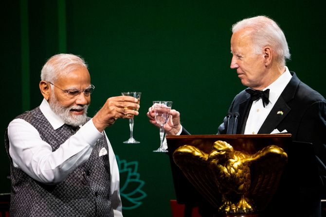 Modi offers a toast during a State Dinner with President Joe Biden at the White House in Washington, on June 22, 2023.