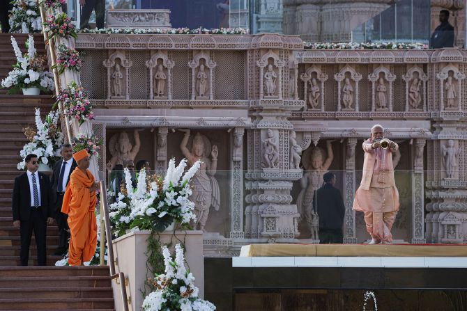India's Prime Minister Narendra Modi performs a Hindu ritual as he attends the inauguration of the BAPS Hindu temple in Abu Dhabi, United Arab Emirates, February 14, 2024. 