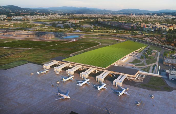 Rafael Vinoly Architects has announced plans for a new green terminal for Florence Airport, in Italy. Its main features include a 19-acre vineyard on the terminal roof, shown in this rendering, which the firm says will "serve as a new landmark for the city's sustainable future." <strong>Look through the gallery to see more airports with green innovations.</strong>