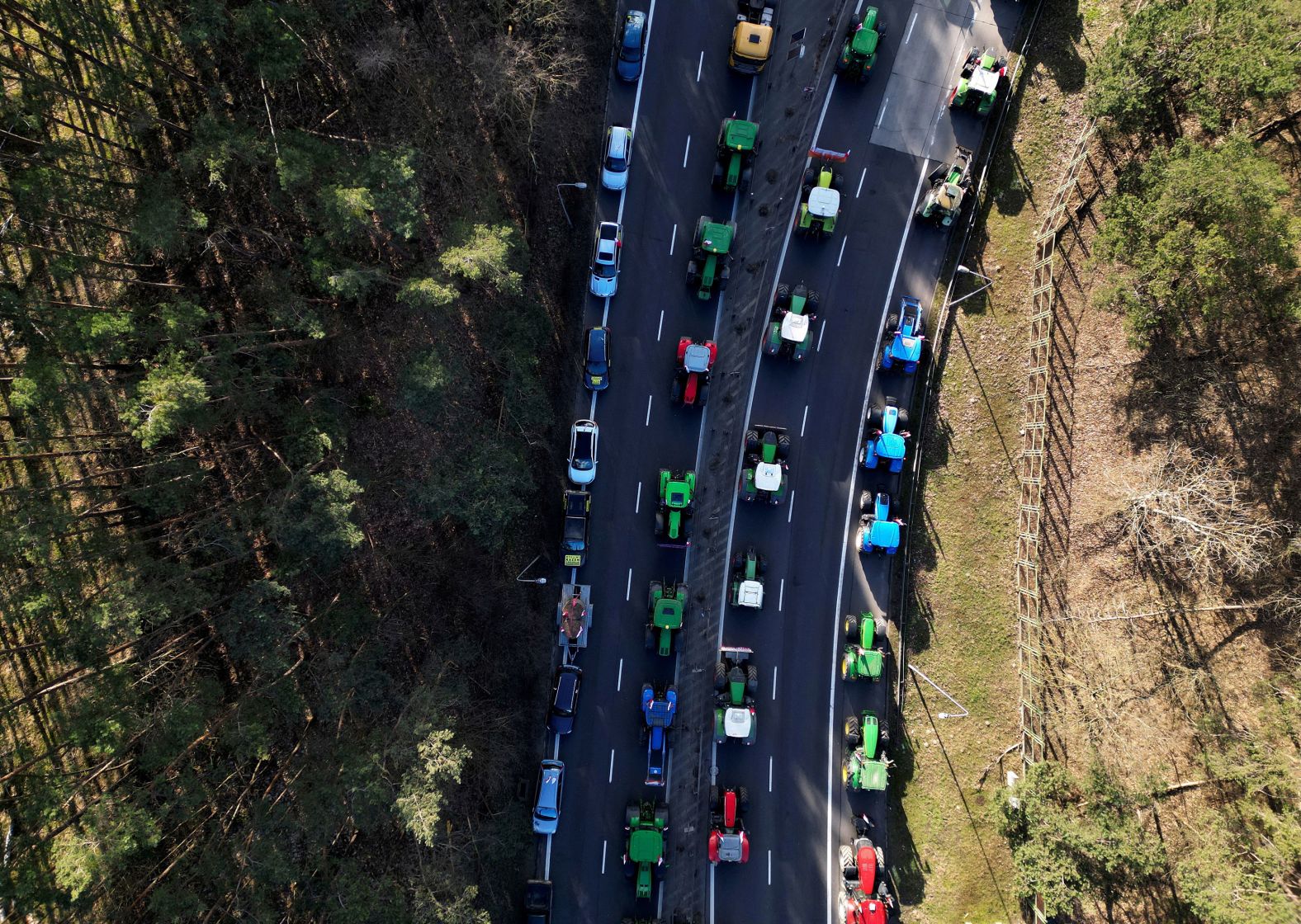 Farmers block the A2 motorway during protests near Świecko, Poland, on Sunday, February 25. <a href="index.php?page=&url=https%3A%2F%2Fwww.cnn.com%2Fvideos%2Fworld%2F2024%2F02%2F27%2Fexp-ctw-poland-farmer-protests-jan-piotrowski-lkl-022710aseg2-cnni-world.cnn" target="_blank">Farmers in Poland have been protesting this month</a> over the impact of Ukrainian imports on their business.