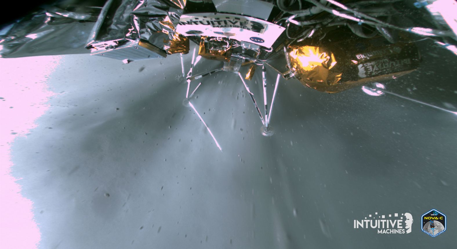 This image from the Odysseus lunar lander shows <a href="index.php?page=&url=https%3A%2F%2Fwww.cnn.com%2F2024%2F02%2F28%2Fworld%2Fodysseus-spacecraft-first-images-moon-surface-scn%2Findex.html" target="_blank">the craft making contact with the surface of the moon</a> on Thursday, February 22. It's the first US-made spacecraft to touch down on the moon in five decades.