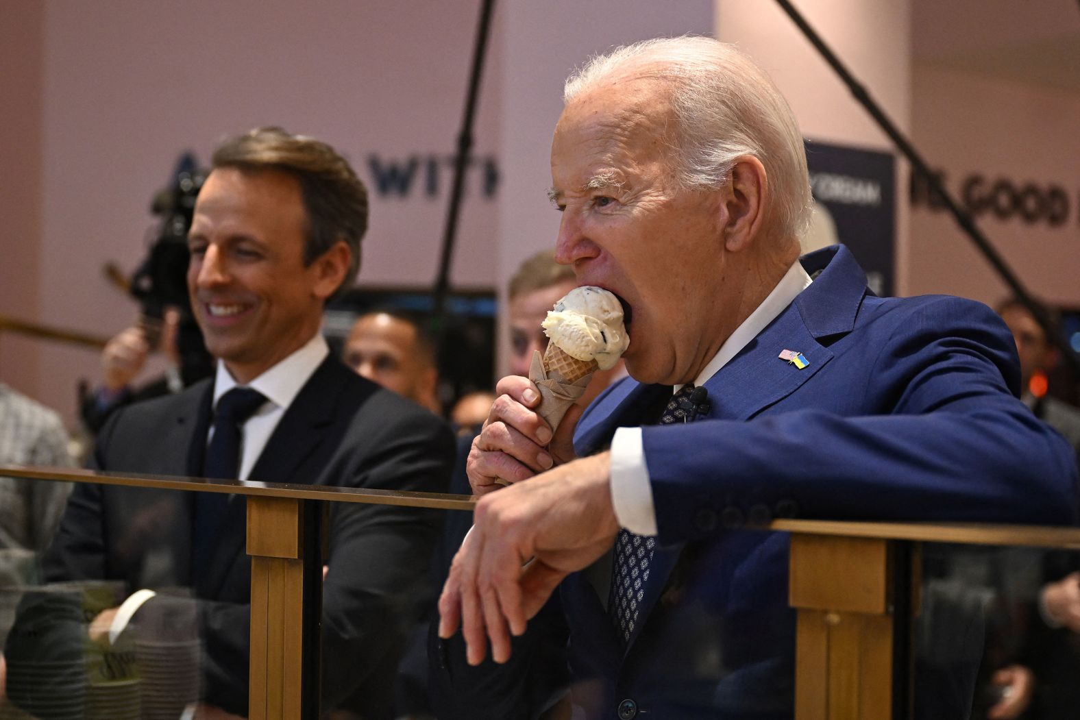 US President Joe Biden eats an ice cream cone after <a href="index.php?page=&url=https%3A%2F%2Fwww.cnn.com%2F2024%2F02%2F27%2Fpolitics%2Fbiden-public-image-what-matters%2Findex.html" target="_blank">taping an episode of "Late Night with Seth Meyers"</a> in New York on Monday, February 26.