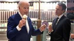 US President Joe Biden speaks with host Seth Meyers as they enjoy an ice cream at Van Leeuwen Ice Cream after taping an episode of "Late Night with Seth Meyers" in New York City on February 26, 2024. (Photo by Jim WATSON / AFP) (Photo by JIM WATSON/AFP via Getty Images)
