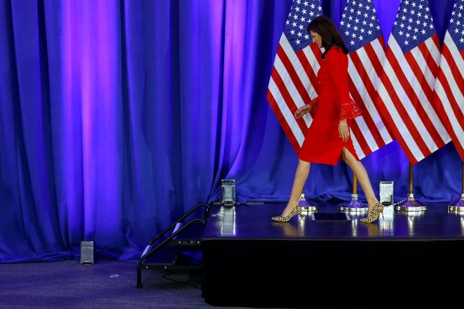 Haley walks off stage after announcing that <a href="https://www.cnn.com/2024/03/06/politics/nikki-haley-2024-presidential-race" target="_blank">she would be suspending her presidential campaign</a> in March 2024.