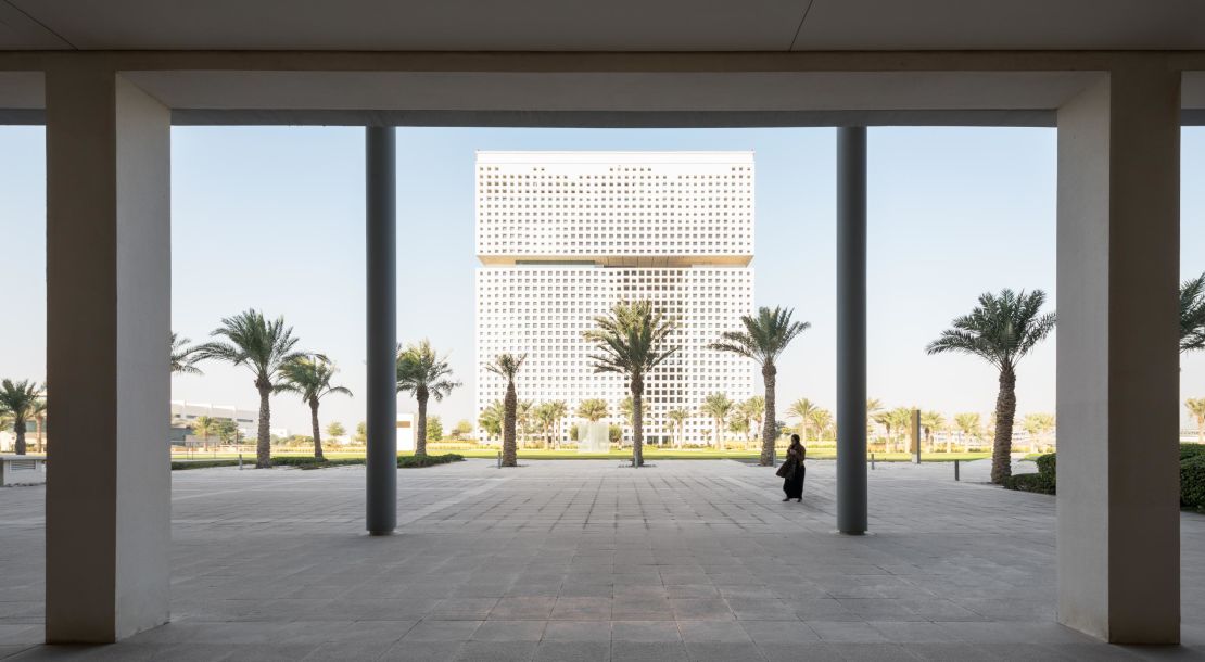 The Qatar Foundation, a non-profit organization, has an OMA-designed headquarters in Doha. The large cube-shaped building is slashed towards its upper floors with terrace, engineered so the floors above need no columns to support their weight.