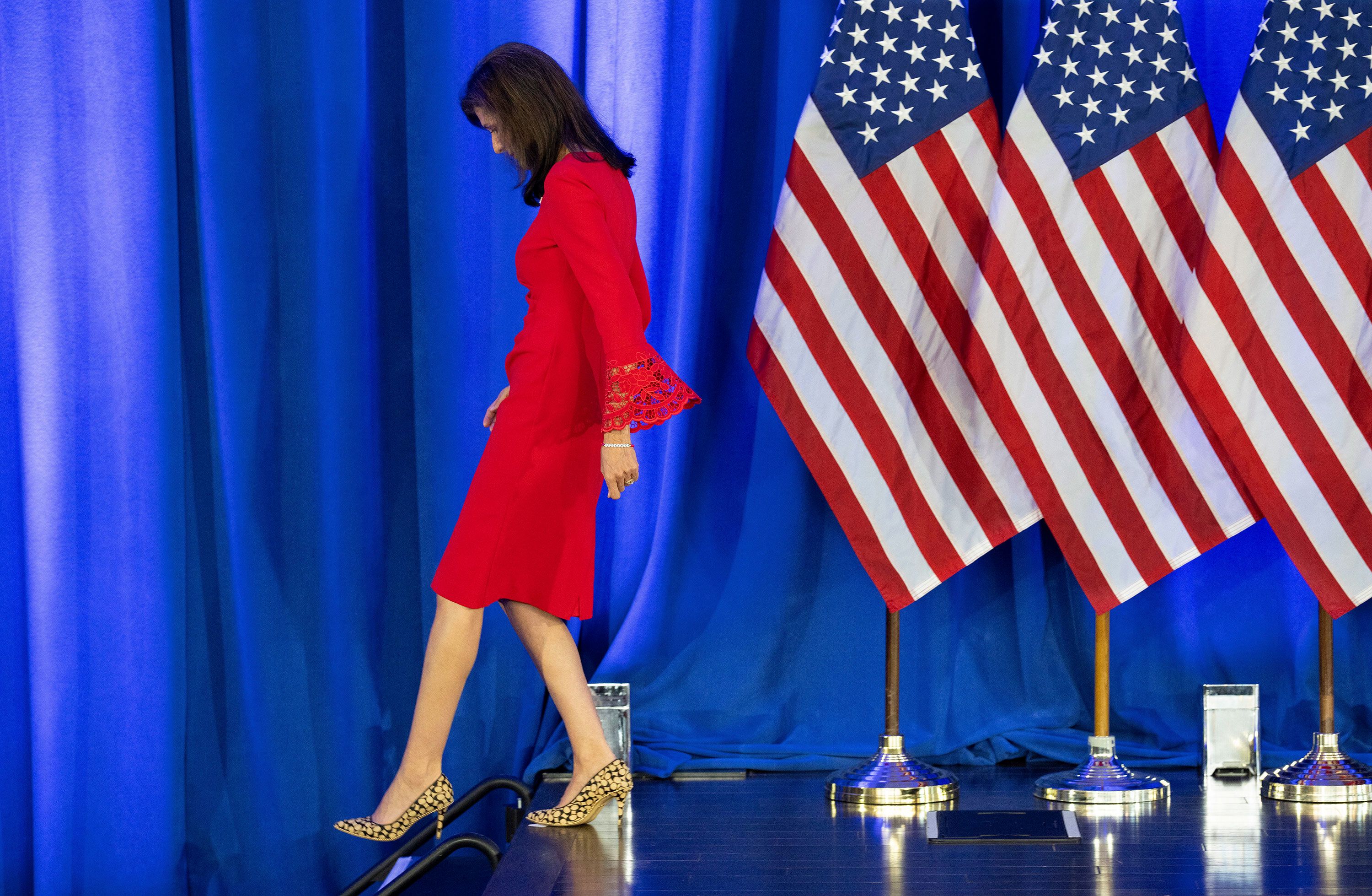 Former South Carolina Gov. Nikki Haley walks off stage after announcing that she would be suspending her presidential campaign on Wednesday, March 6.