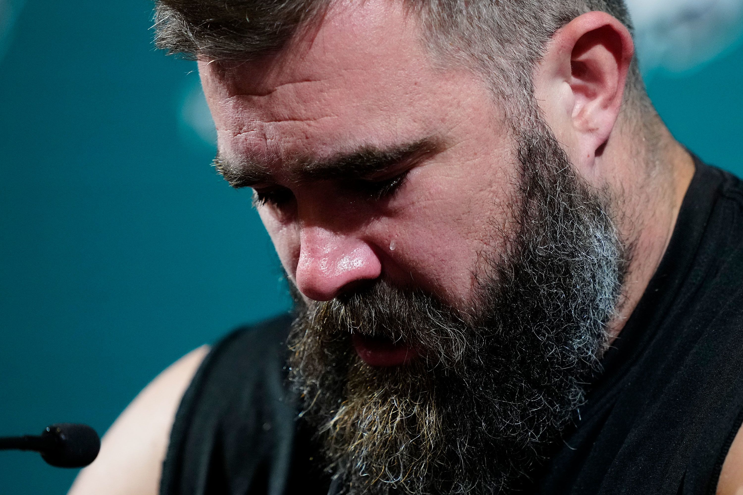 A tear falls down the cheek of Philadelphia Eagles center Jason Kelce during a news conference announcing his retirement on Monday, March 4.