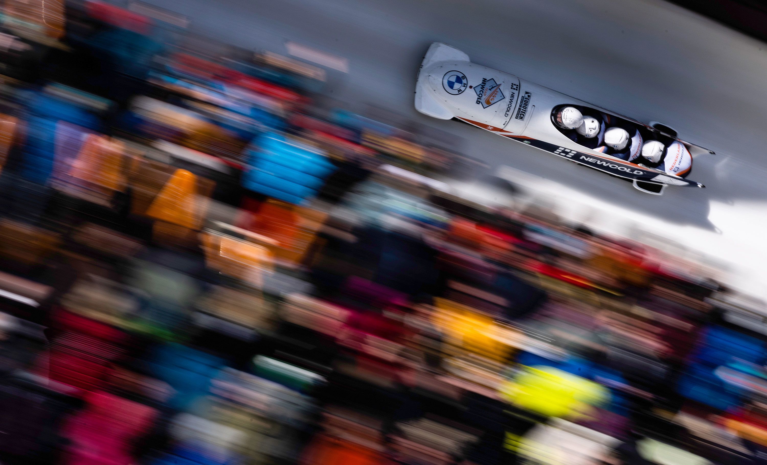 In this photo, taken with a slow shutter speed, Dutch bobsledders compete in the IBSF World Championships on Saturday, March 2.