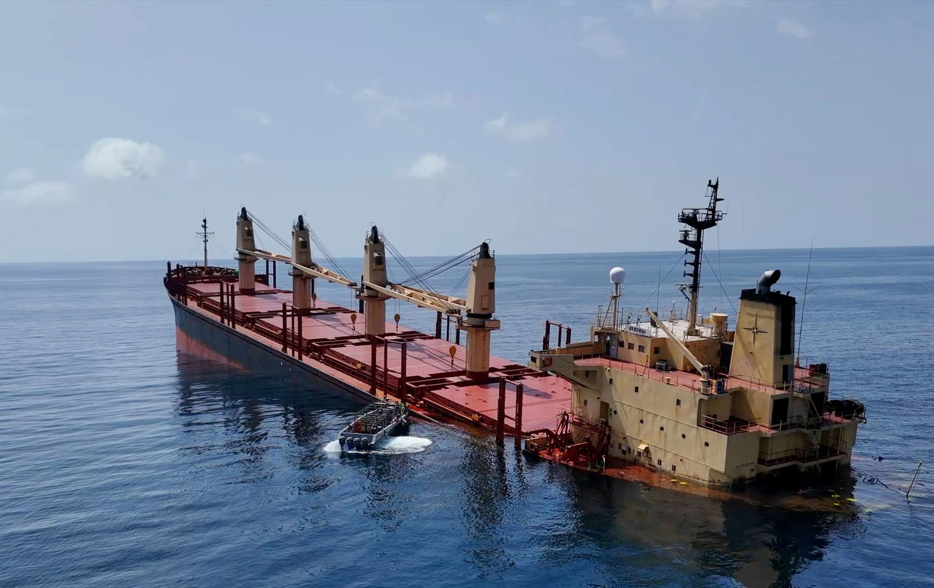 The M/V Rubymar, a Belize-flagged cargo ship that was struck last month by ballistic missiles fired from Houthi territory in Yemen, sinks in the Red Sea on Sunday, March 3.