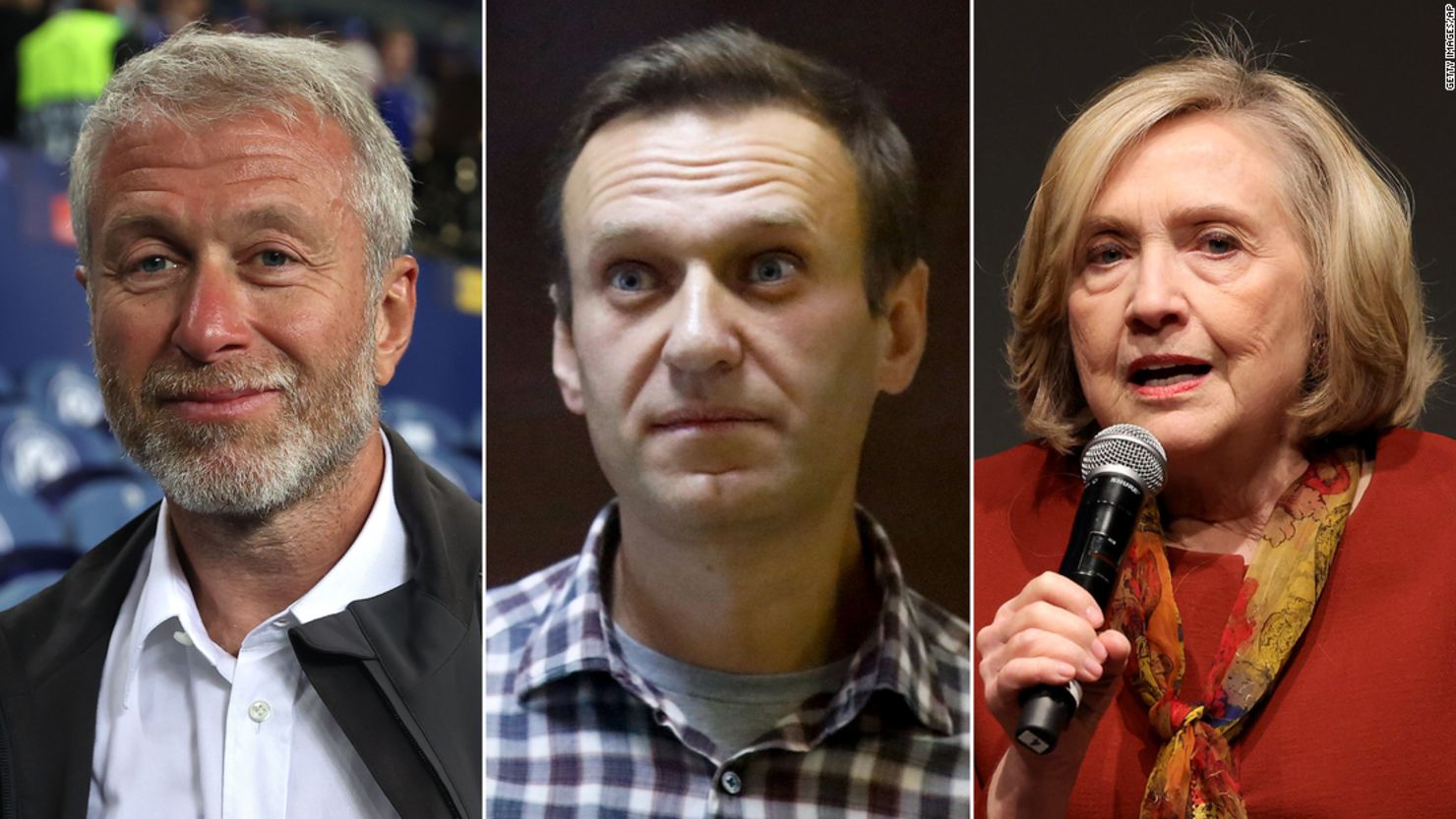 Talks over the release of Navalny (center) in a prisoner swap included the direct involvement of a Russian oligarch, Roman Abramovich (left), while former US Secretary of State Hillary Clinton (right) encouraged efforts to win his freedom, sources said.