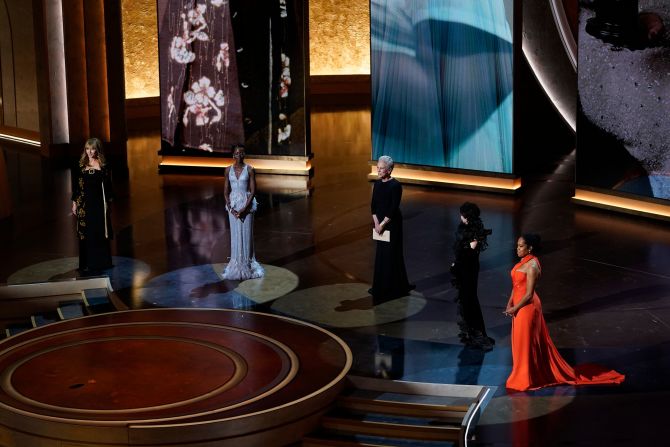 From left, Mary Steenburgen, Lupita Nyong'o, Jamie Lee Curtis, Rita Moreno, and Regina King present the nominees for best supporting actress.