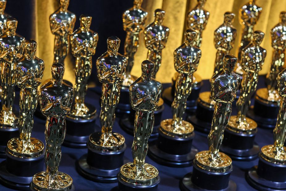 Oscars are lined up backstage during the show.