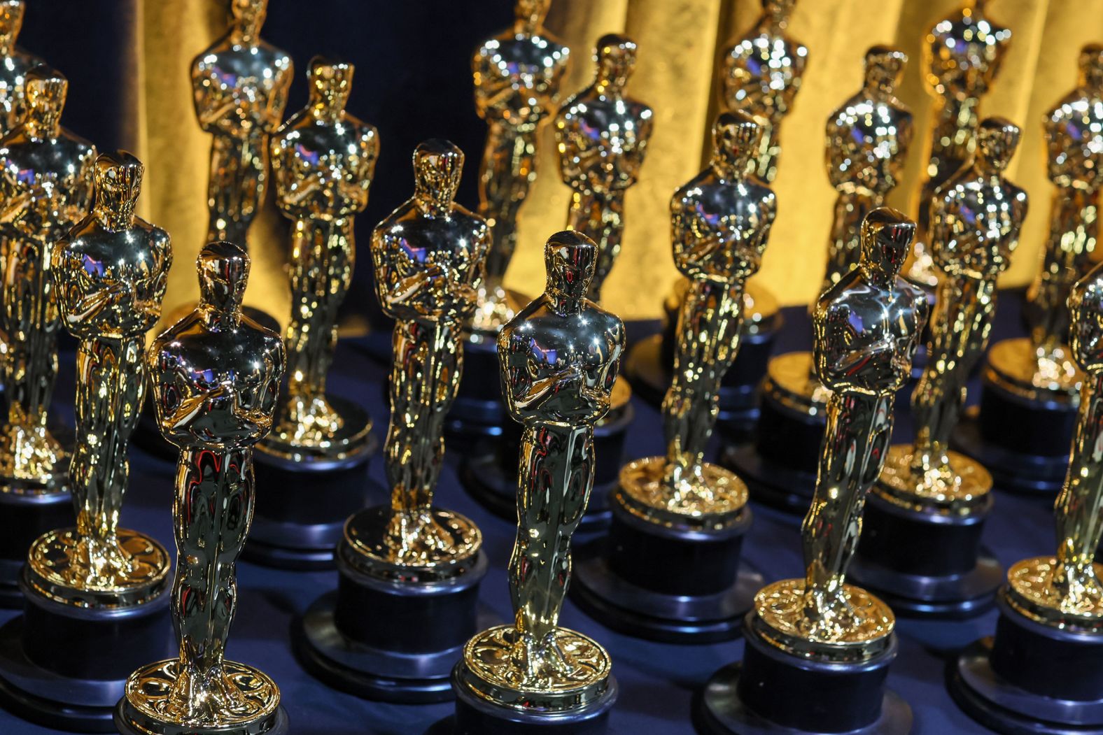 Oscars are lined up backstage during the show.
