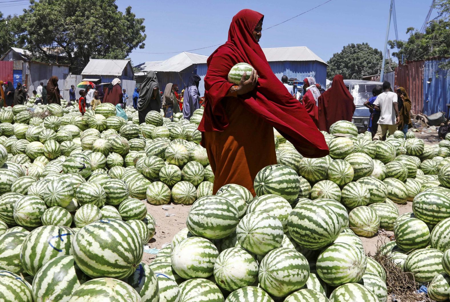 A Somali woman arranges watermelons for sale at an open-air market, as Muslims start the fasting month of Ramadan, in Mogadishu, Somalia.