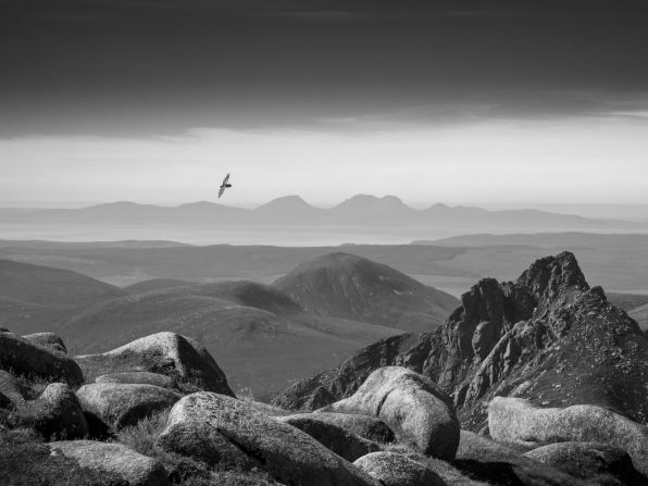 A raven glides above the Isle of Arran, Scotland. Robin Dodd's photograph, taken from the summit of Goatfell, the island's highest mountain, won the black and white category.