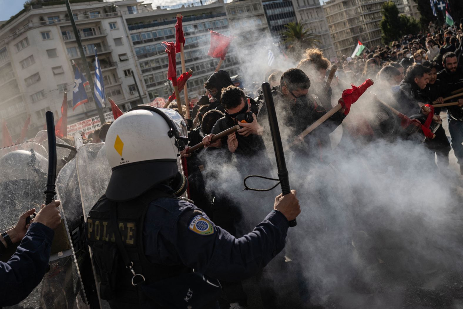 Police clash with protesters during a student demonstration in front of the Greek Parliament in Athens on Friday, March 8. Thousands of students protested a day before lawmakers passed a bill that will allow foreign private universities to set up branches in the country,<a href="index.php?page=&url=https%3A%2F%2Fwww.reuters.com%2Fworld%2Feurope%2Fgreek-parliament-approves-private-foreign-universities-bucking-protests-2024-03-09%2F" target="_blank" target="_blank"> according to the Reuters news agency</a>.