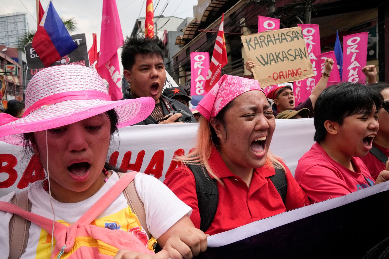 Activists shout slogans during an International Women's Day protest in Manila, Philippines, on Friday, March 8. 